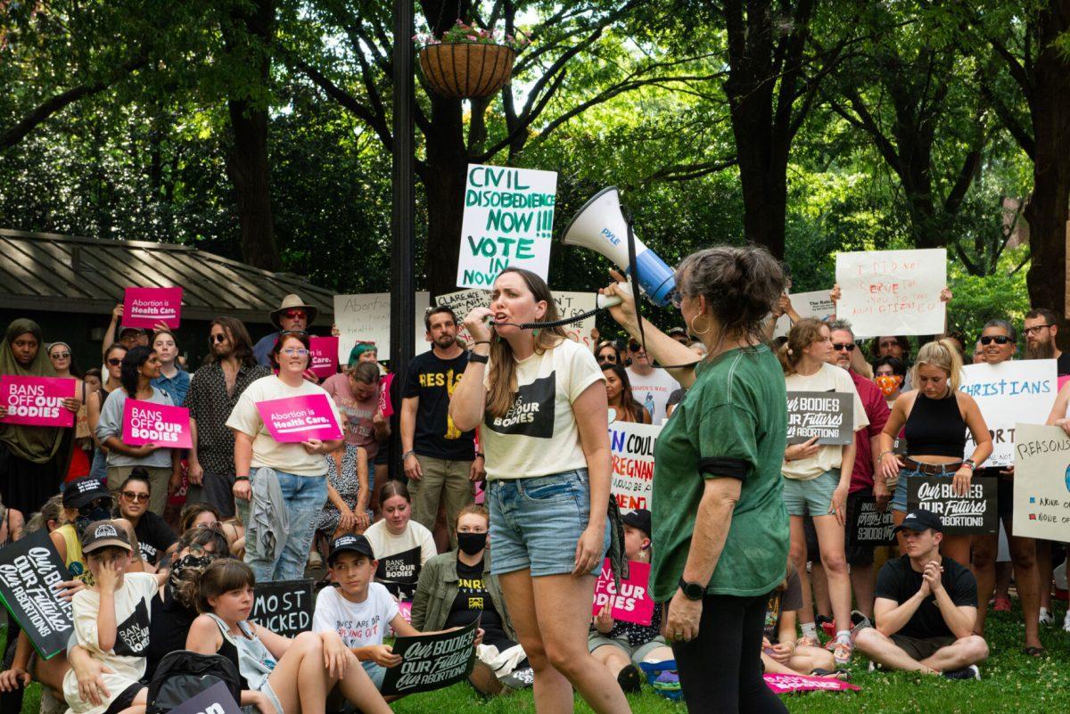 Tory Mills, former director of community engagement for Planned Parenthood of Tennessee and North Mississippi, speaks to a crowd gathered at Krutch Park to protest the overturning of Roe v. Wade on Friday, June 24, 2022.  