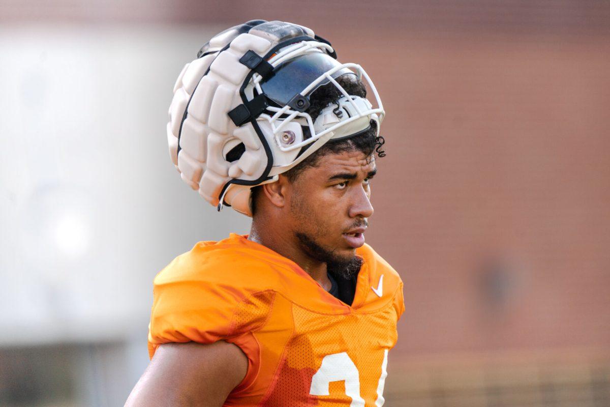 Linebacker Aaron Beasley catches his breath between drills at Tennessee's practice.
 
