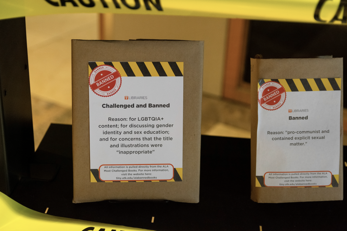A banned book with the explanation why it was banned on display inside Hodges Library on Sept. 15, 2022 ahead of Banned Books Week. 
