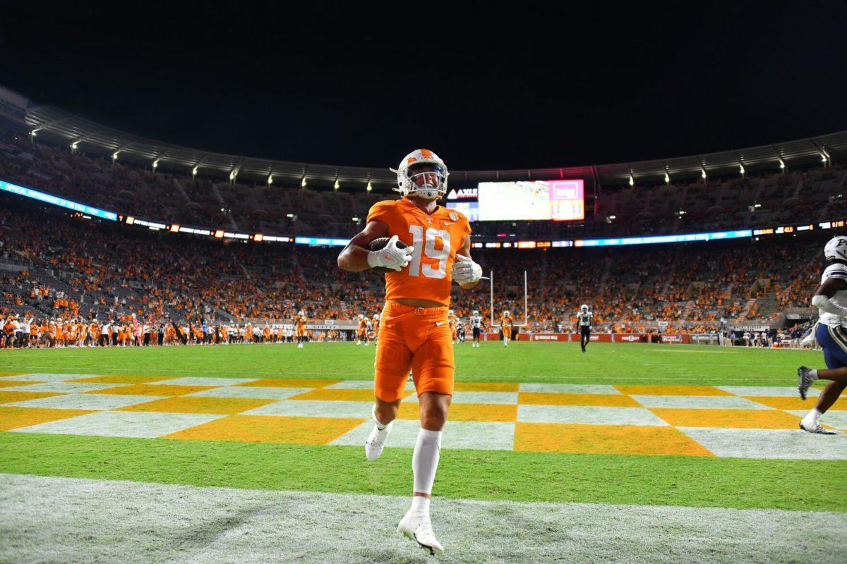 KNOXVILLE, TN - No. 19 Walker Merrill celebrates a touchdown in Neyland Stadium after running the ball against Akron on Saturday Sep. 17, 2022.