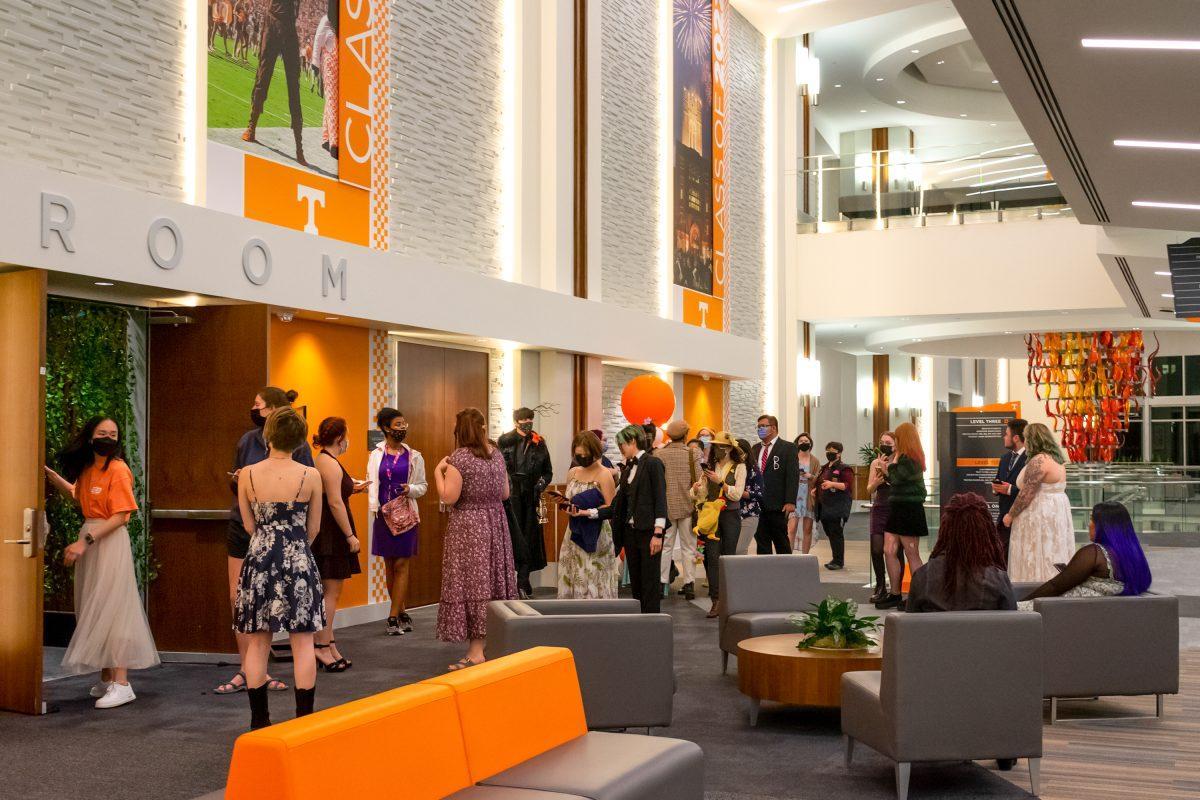 Students lined up at the Student Union Ballroom for check-in at UT's Pride Prom. Friday, Feb. 11, 2022.