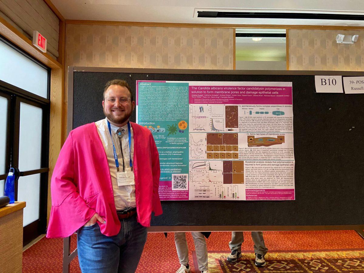 PhD candidate Boomer Russell presents biophysics research on membranes.