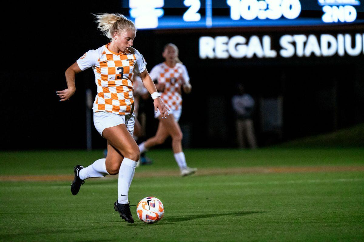 KNOXVILLE, TN - No. 3 Abbey Burdette drives the ball towards the goal during the UT Senior Night match against Vanderbilt in Regal Stadium on Thursday, Oct. 27, 2022. 