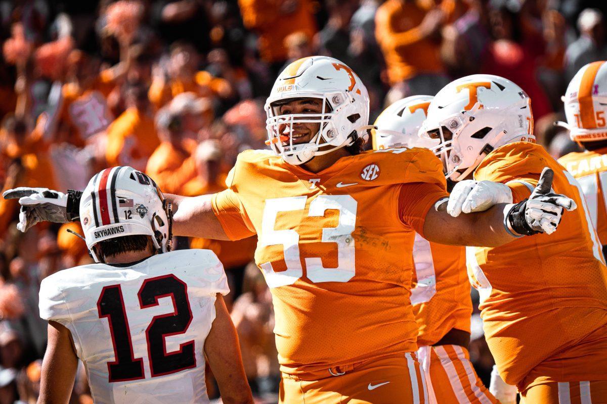 KNOXVILLE, TN - No. 53 Jackson Hannah celebrates a Volunteer touchdown against UT Martin in Neyland Stadium. Oct. 22, 2022. 