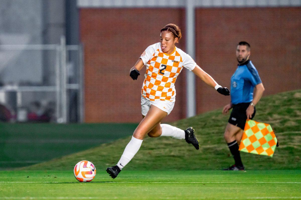 Jaida Thomas, 2, makes a kick during the first half of the match between Tennessee and Vanderbilt in Regal Stadium. Thursday, Oct. 27, 2022. 