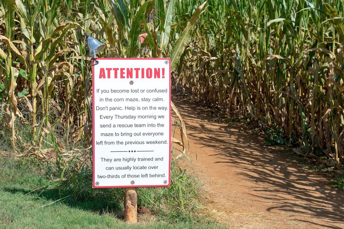 GREENBACK, TN - A tongue-in-cheek warning before you enter the maze at Maple Lane Farms. Sunday, Oct. 9, 2022.