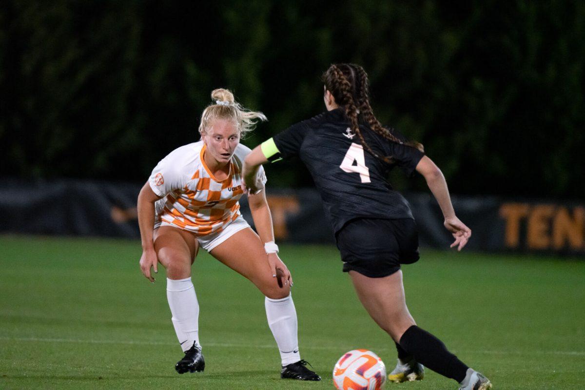KNOXVILLE, TN - No. 3 Abbey Burdette in defensive position against Vanderbilt in Regal Stadium. Thursday, Oct. 27, 2022. 
