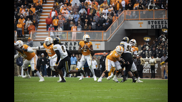 Quarterback Hendon Hooker drops back for a throw against Missouri in Neyland Stadium on Nov. 12, 2022.