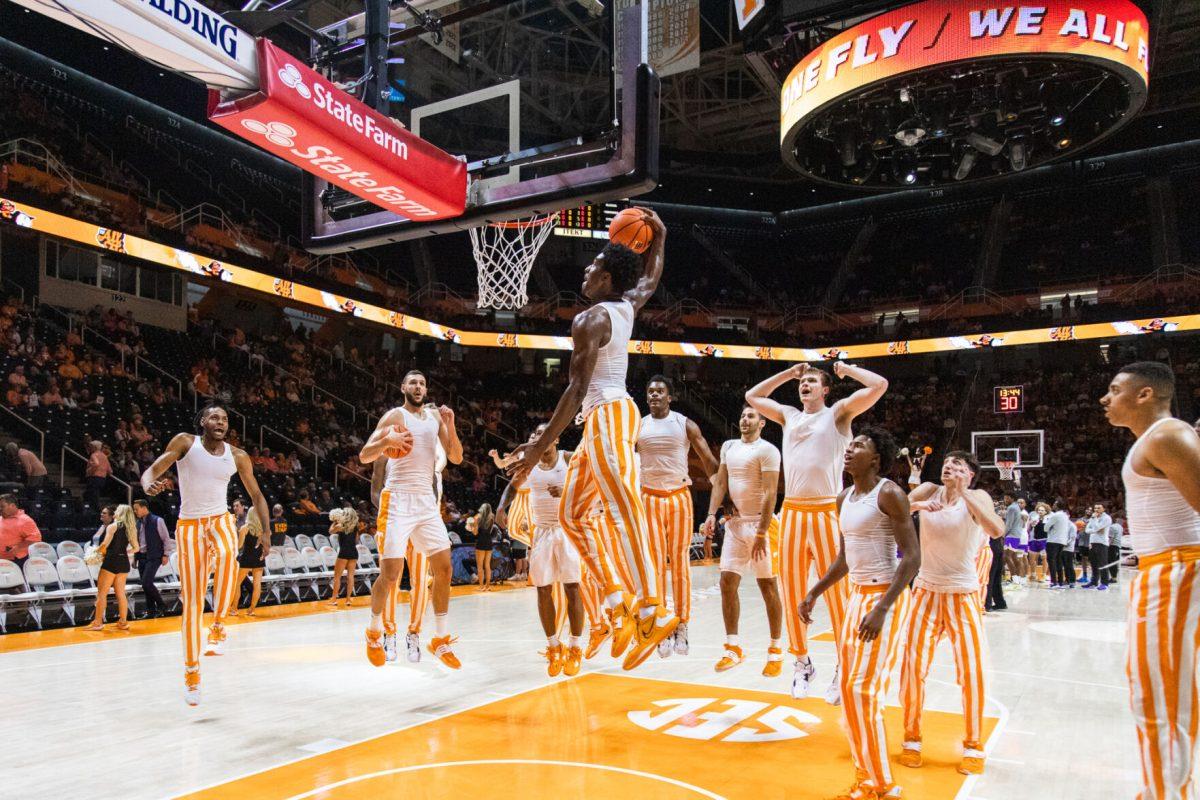 Tennessee runs through pre-grame rituals ahead of its matchup with Tennessee Tech on Nov. 7, 2022 at Thompson-Boling Arena.