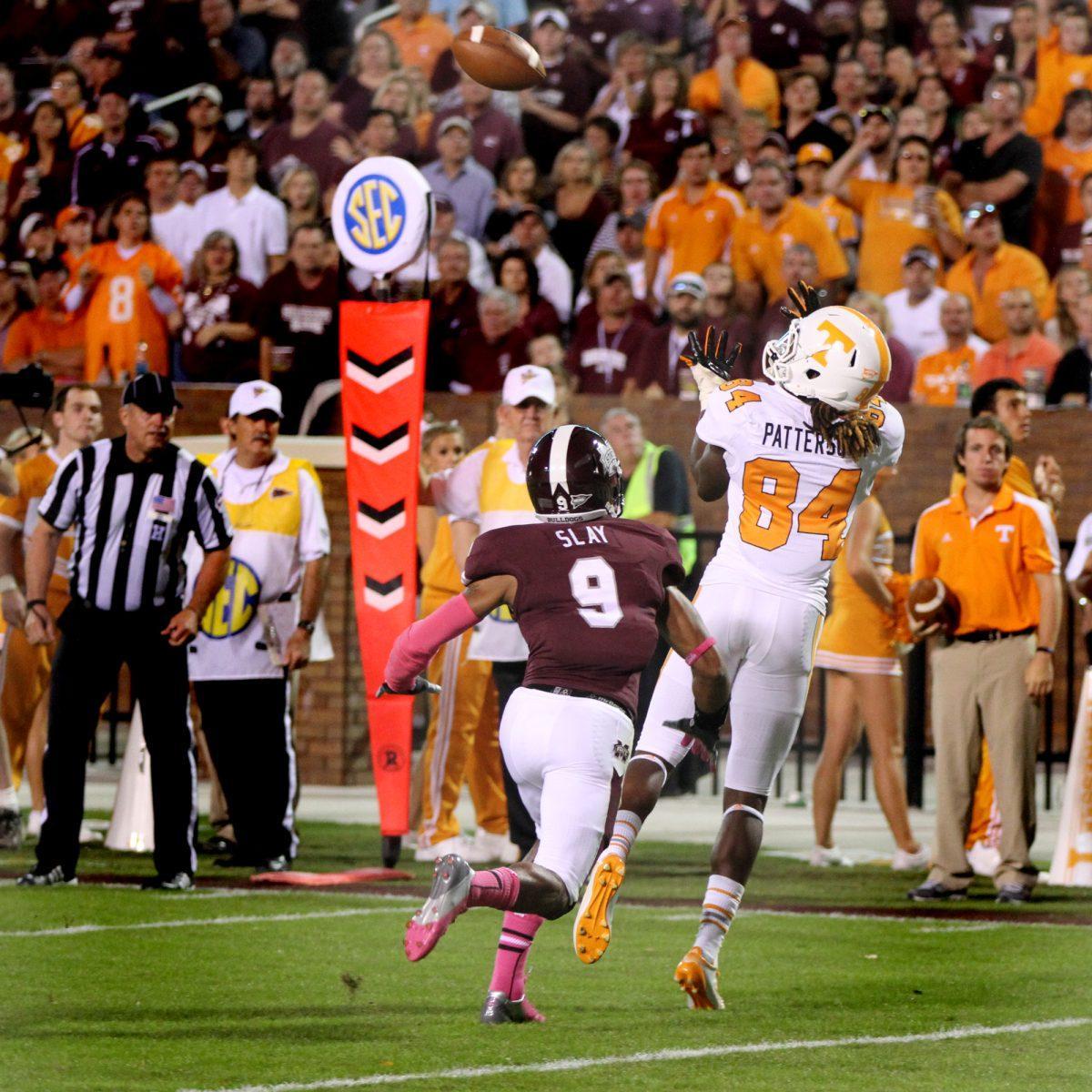 Junior wide receiver Cordarrelle Patterson makes a catch over his shoulder while running towards the sideline in the Mississippi State game on Oct 13.
