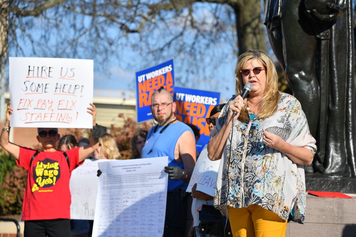 Gloria Johnson, Tennessee State Representative from Knoxville, speaks at the United Campus Workers rally at the Torchbearer on UTK's campus.