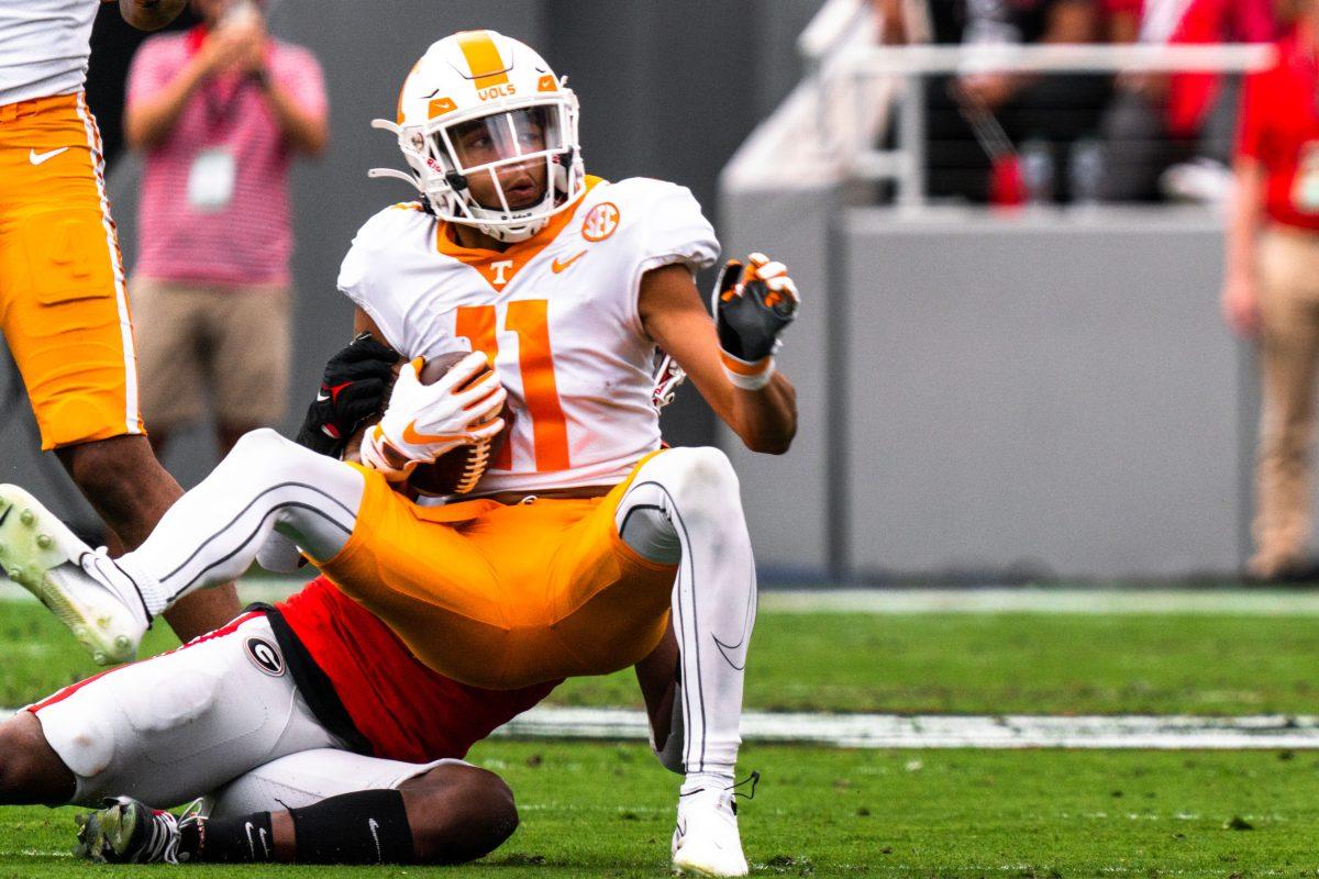 Jalin Hyatt is taken down in Tennessee's loss to Georgia on Nov. 5, 2022.
