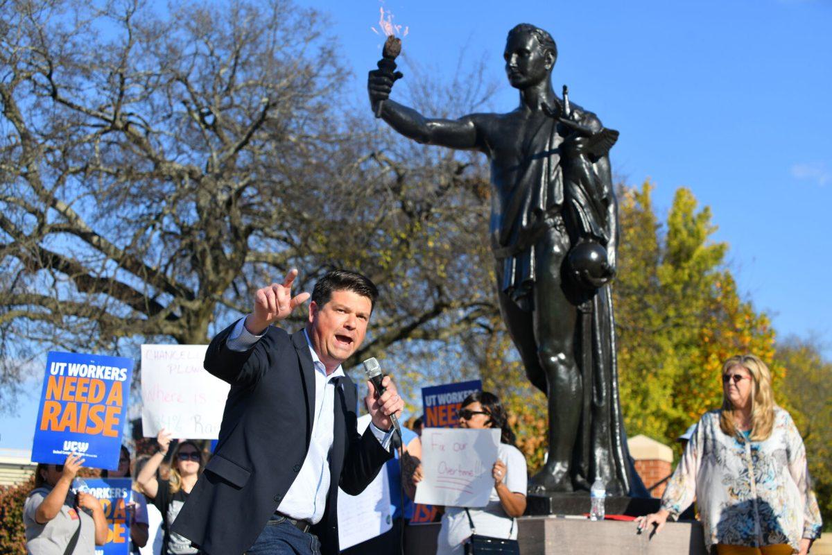 Jason Martin, democratic candidate for Tennessee Governor, speaks at the United Campus Workers rally at the Torchbearer on UTK's campus. Thursday, Nov. 4, 2022. 