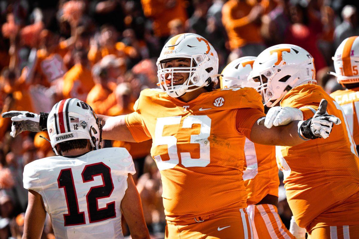 KNOXVILLE, TN - No. 53 Jackson Hannah celebrates a Volunteer touchdown against UT Martin in Neyland Stadium. Oct. 22, 2022. 