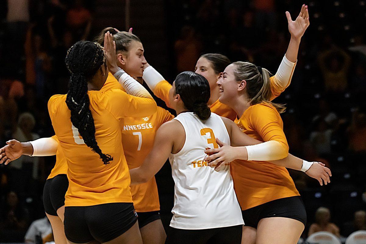 KNOXVILLE, TN - The Lady Vols celebrate a sweep of The Citadel in Thompson Boling Arena on Saturday Sep. 10, 2022.