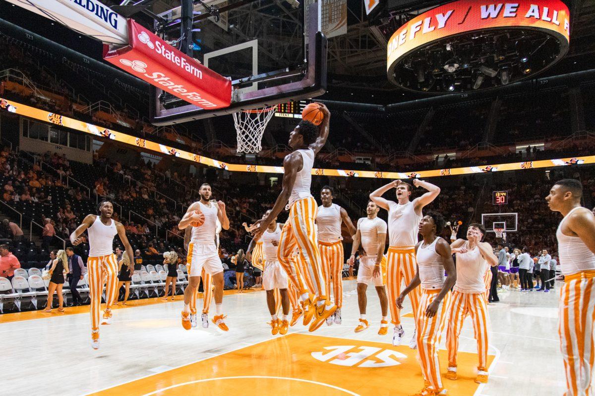 Tennessee runs through pre-grame rituals ahead of its matchup with Tennessee Tech on Nov. 7, 2022 at Thompson-Boling Arena.