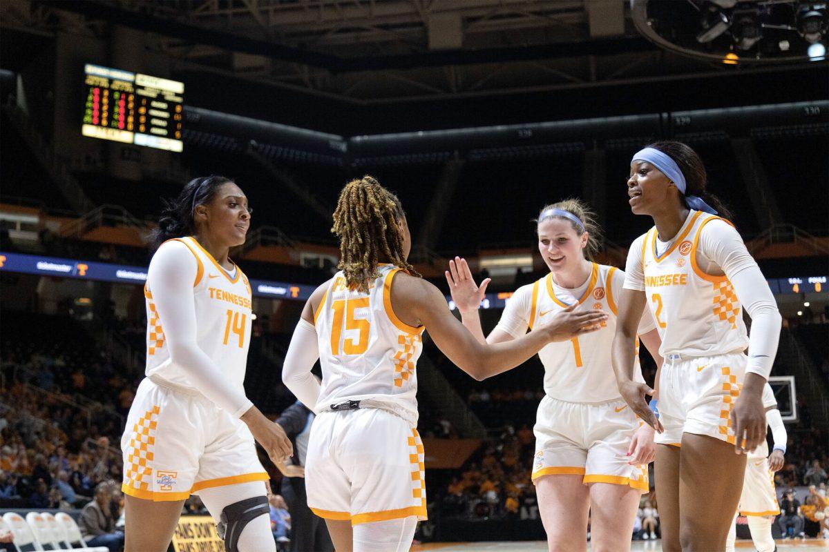 No. 15 Jasmine Powell is congradulated by teammates after scoring against Mississippi State at Thompson-Boling Arena. Thursday Jan. 5, 2023.