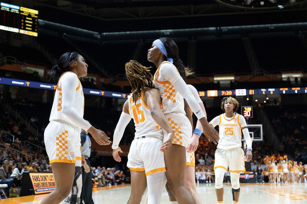 No. 15 Jasmine Powell gets a chest bump from No. 2 Rickea Jackson after scoring against Mississippi State at Thompson-Boling Arena. Thursday Jan. 5, 2023.