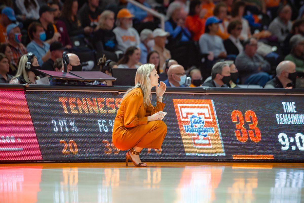 Lady Vols head coach Kellie Harper watches the team during the Lady Vols vs Mississippi State game on Feb. 24, 2022 at Thompson-Boling Arena.
