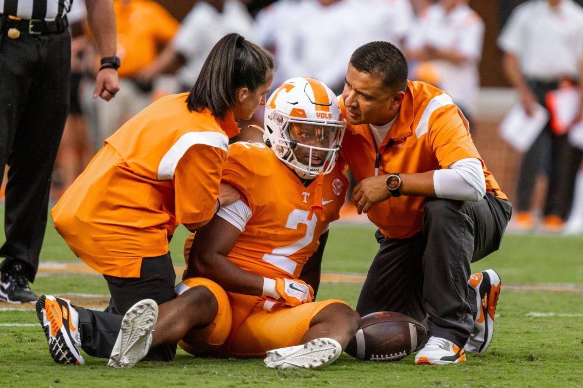 KNOXVILLE, TN - No. 2 running back Jabari Small shaken up after a play against Akron in Neyland Stadium on Saturday Sep. 17, 2022.