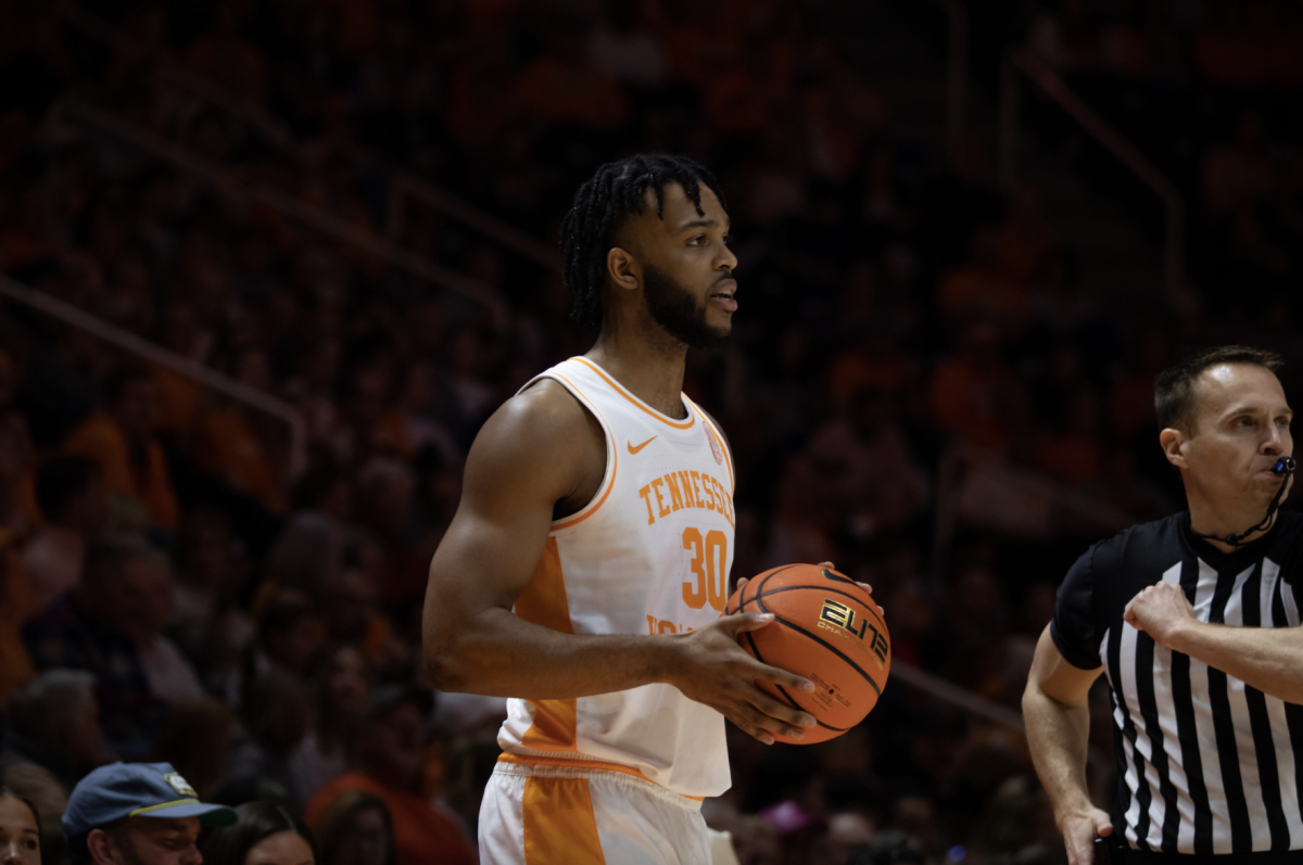 Josiah-Jordan James (30) preparing for an inbound pass during the Tennessee vs South Carolina game on Feb. 25, 2023 in Thompson-Boling Arena.