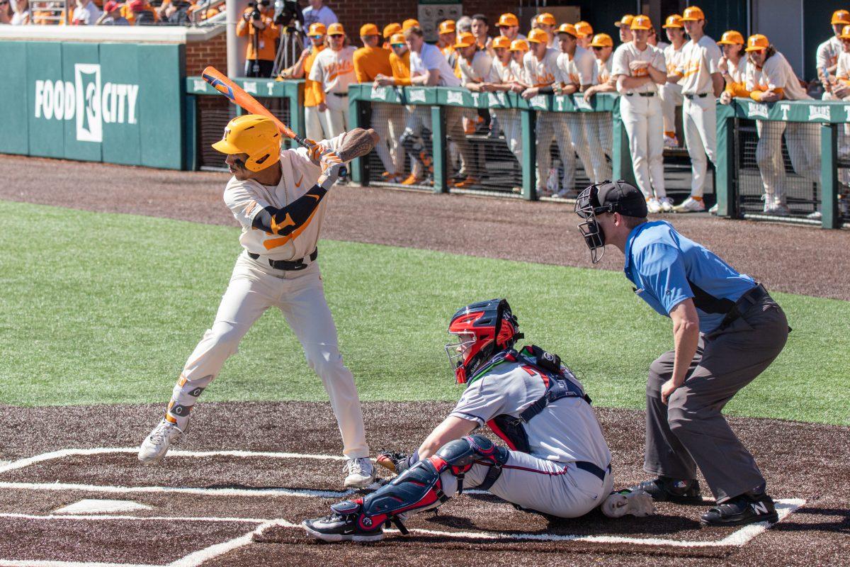 University of Tennessee Volunteers baseball player Maui Ahuna (2) loads up for a pitch during a game against the Gonzaga University Bulldogs at Lindsey Nelson Stadium, March 5, 2023.