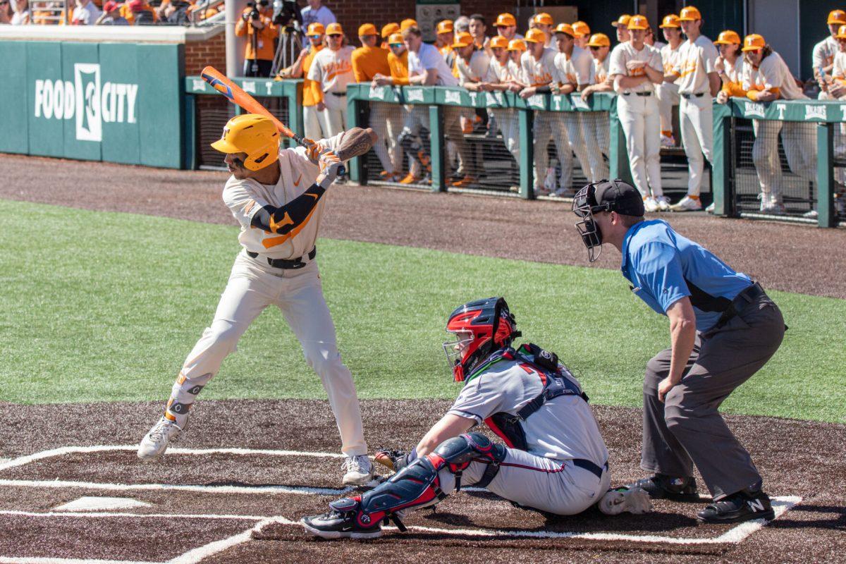 University of Tennessee Volunteers baseball player Maui Ahuna (2) loads up for a pitch during a game against the Gonzaga University Bulldogs at Lindsey Nelson Stadium, March 5, 2023.