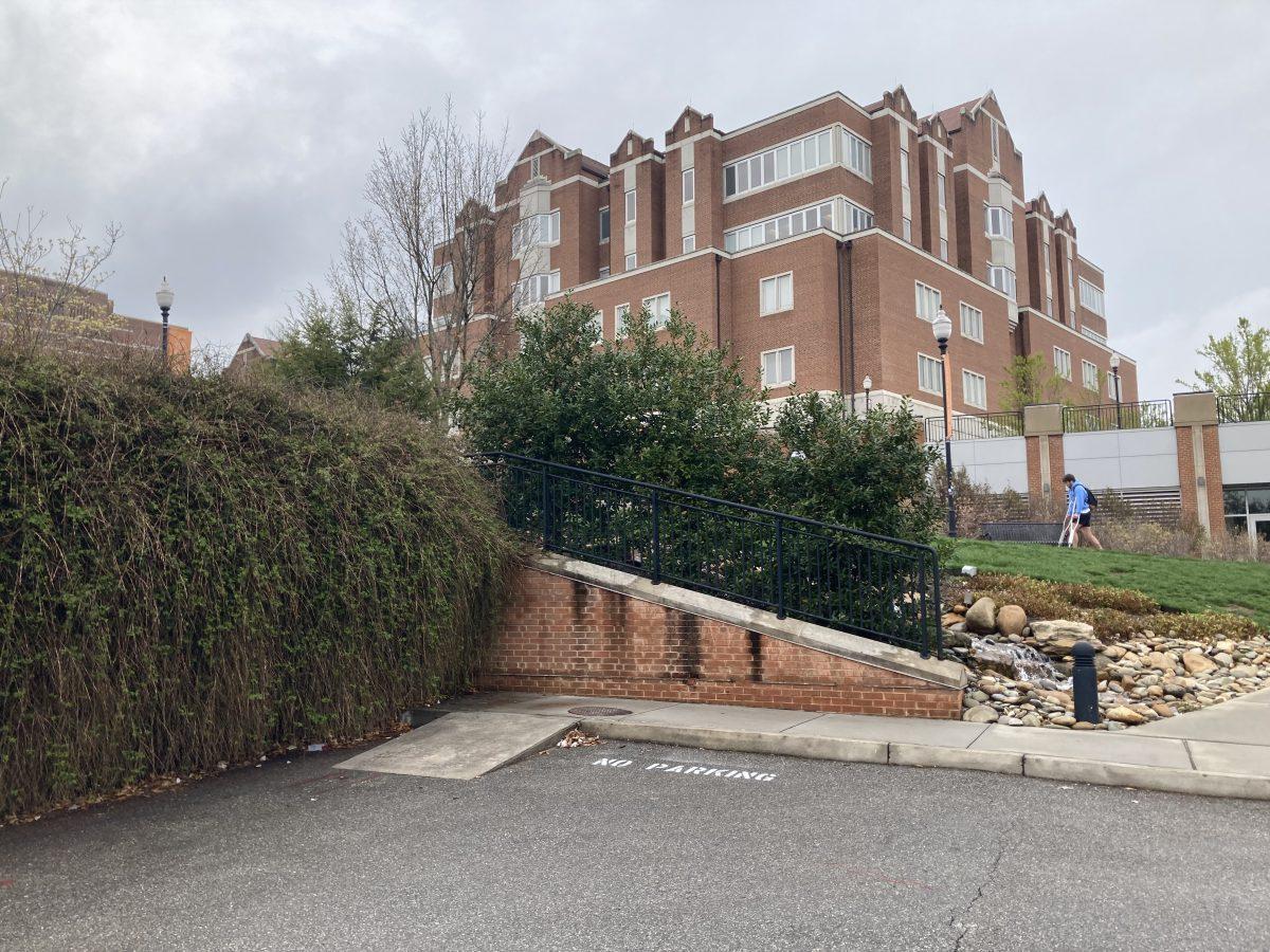 A ramp off of staff parking lot 9 offers access for students who use wheelchairs to several critical locations on central campus.  