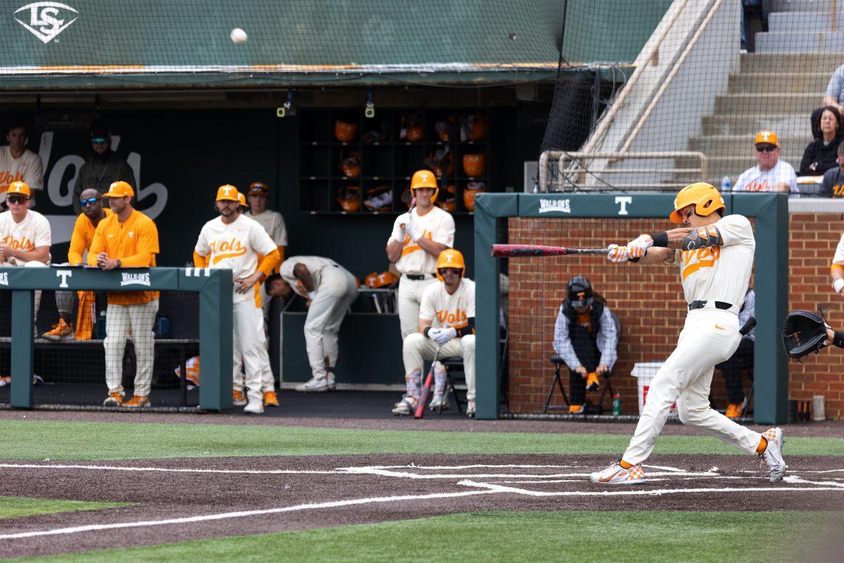 Hunter Ensley (9) hits a second homerun against Vanderbilt at Lindsey Nelson Stadium. Sunday April 23, 2023.