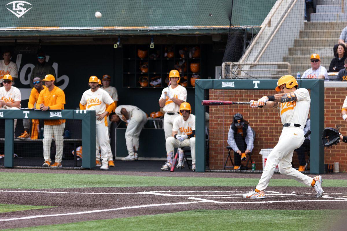 Hunter Ensley (9) hits a second homerun against Vanderbilt at Lindsey Nelson Stadium. Sunday April 23, 2023.