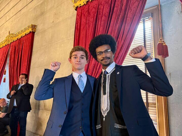 Columnist Walker Kinsler stands with Rep. Justin Pearson of Memphis in the Tennessee State Capitol building in Nashville. 
