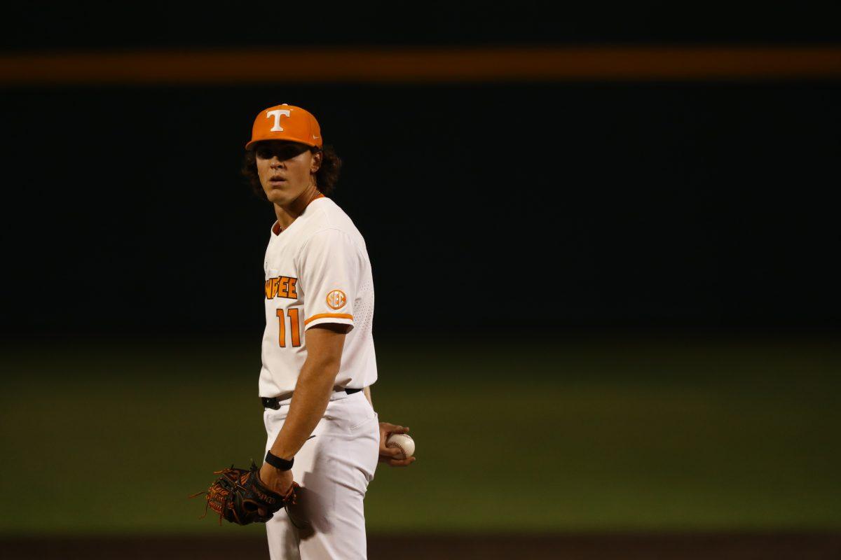 Chase Dollander (11) prepares for the pitch in a loss to Florida on April 6, 2023.