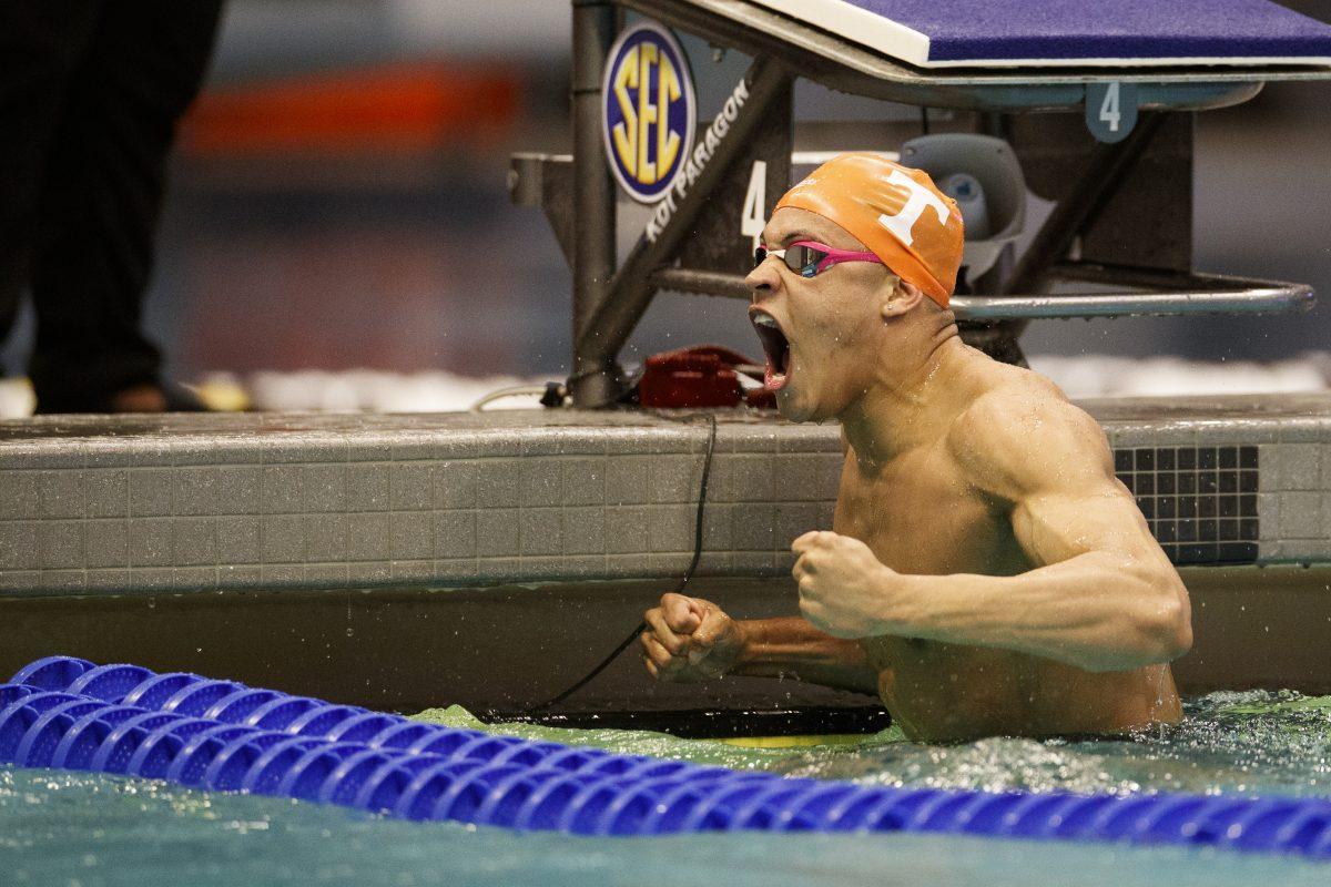 COLLEGE STATION, TX - February 15, 2023 - Jordan Crooks of the Tennessee Volunteers during day two finals session of the 2023 SEC Swimming &amp; Diving Championships at the Rec Center Natatorium in College Station, TX. Photo By John Golliher/Tennessee Athletics
