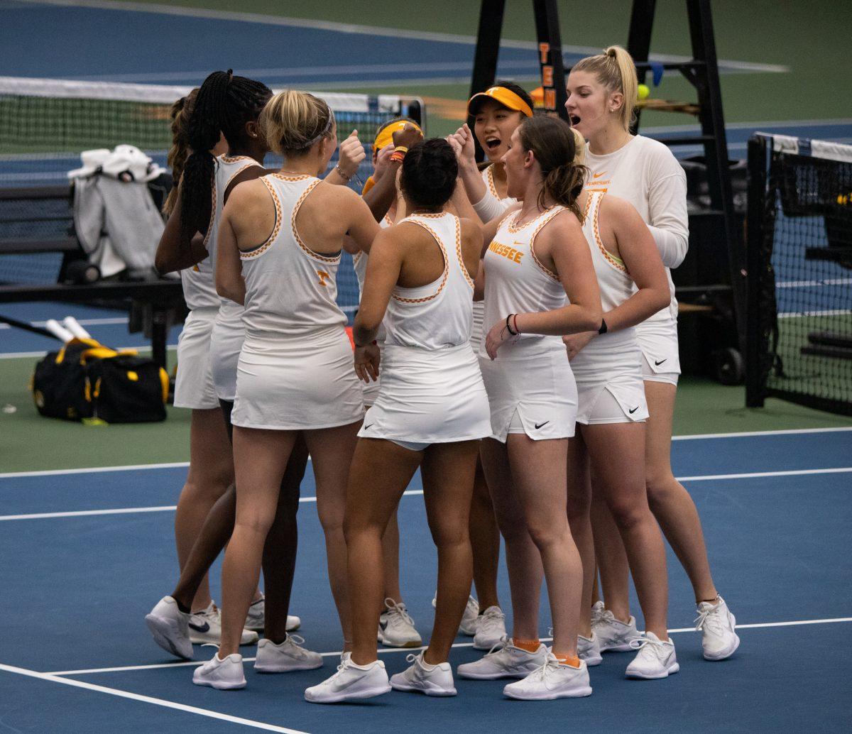 University of Tennessee Lady Volunteers tennis players huddle prior to a match against the University Of Missouri Tigers at Goodfriend Tennis Center, March 3, 2023.
