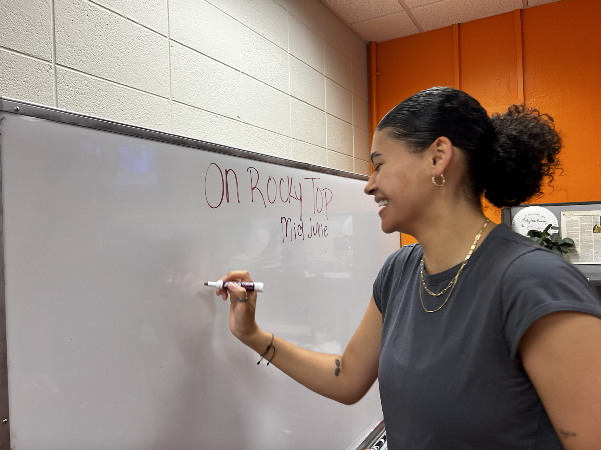 Upcoming Managing Editor Bella Hughes brainstorms for the Beacon's summer magazine, On Rocky Top.