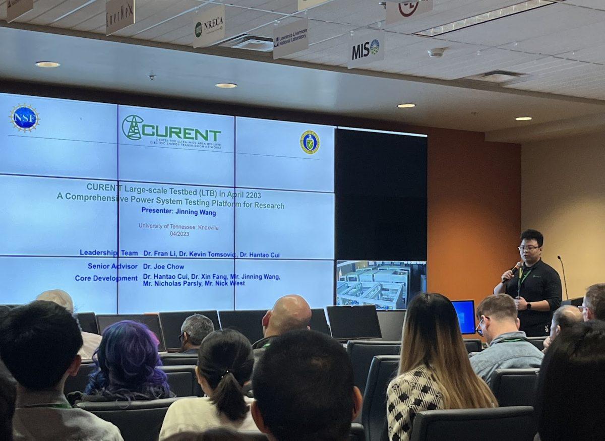 Jinning Wang presents CURENT Large-scale Testbed at Industry Conference, University of Tennessee, Knoxville. 