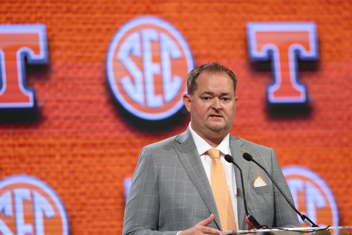 Tennessee football head coach Josh Heupel speaks to the media at the 2023 SEC Football Kickoff, Thursday July 20, 2023 at the Grand Hyatt Hotel in Nashville,TN. (Jimmie Mitchell/SEC)