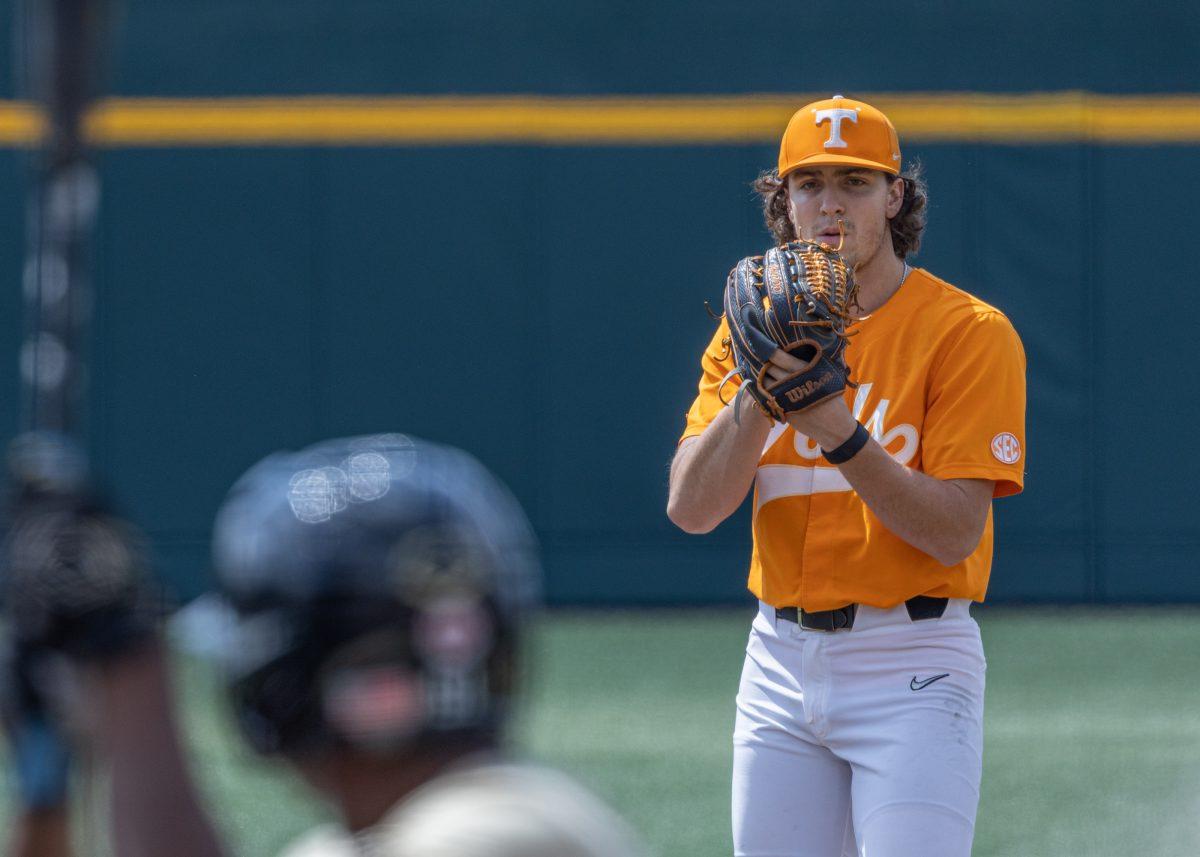 Chase Dollander (11) prepares to throw a pitch during a game against the Vanderbilt Commodores at Lindsey Nelson Stadium, April 22, 2023.