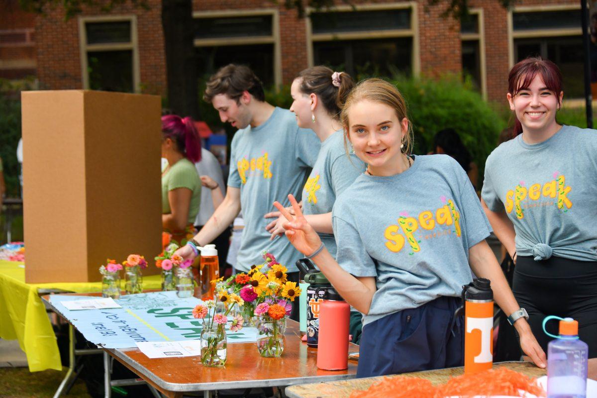 Members of SPEAK table at the Student Engagement Fair on Ped Walkway. Thursday, Aug. 24, 2023.
