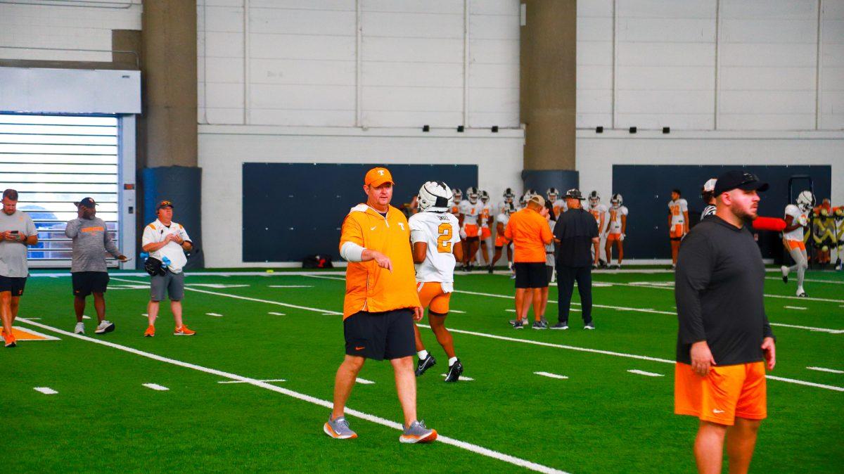 Josh Heupel coaches at practice inside the Neyland-Thompson Sports Center. Saturday, Aug. 5, 2023. 