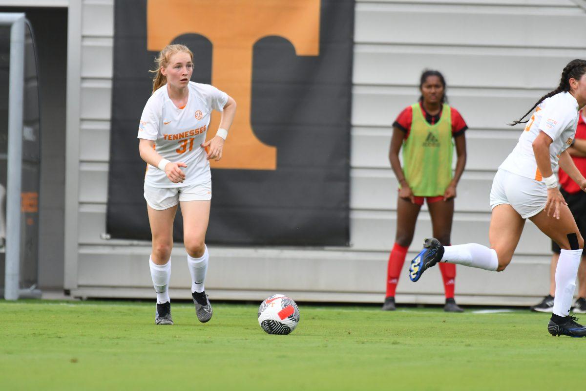 No. 31 Linette Hofmann takes a free kick in the exhibition game against Jacksonville State at Regal Soccer Stadium. Saturday, Aug. 12, 2023.
