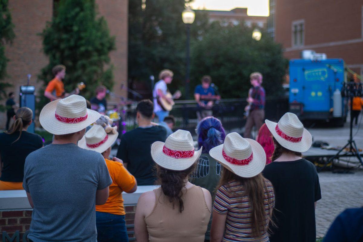 Students gather around the Student Union Plaza to watch Knoxville's own Solstice Band perform on Sept. 20, 2023.