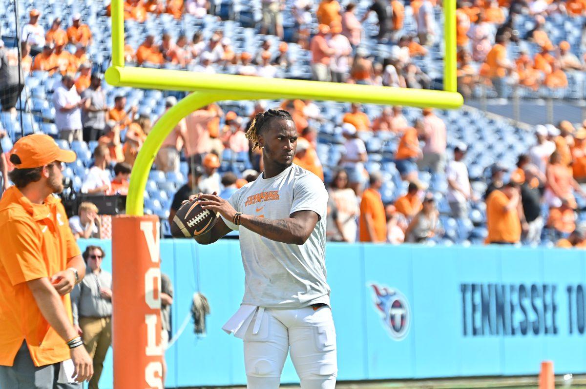 Joe Milton III (7) warms up before playing Virginia inside Nissan Stadium. Saturday, Sept. 2, 2023. 