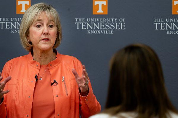 KNOXVILLE, TN - Chancellor Donde Plowman during her post-Flagship Address interview answers reporters' questions, speaking further on the future of UT. Thursday Sep. 29, 2022.