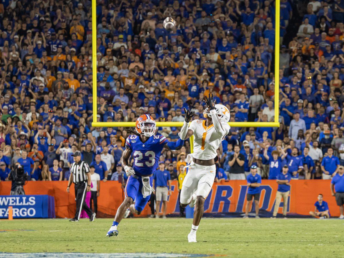 Dont’e Thornton Jr. (1) reaches for a pass during a game against the Florida Gators at Ben Hill Griffin Stadium. Saturday, Sept. 16, 2023.