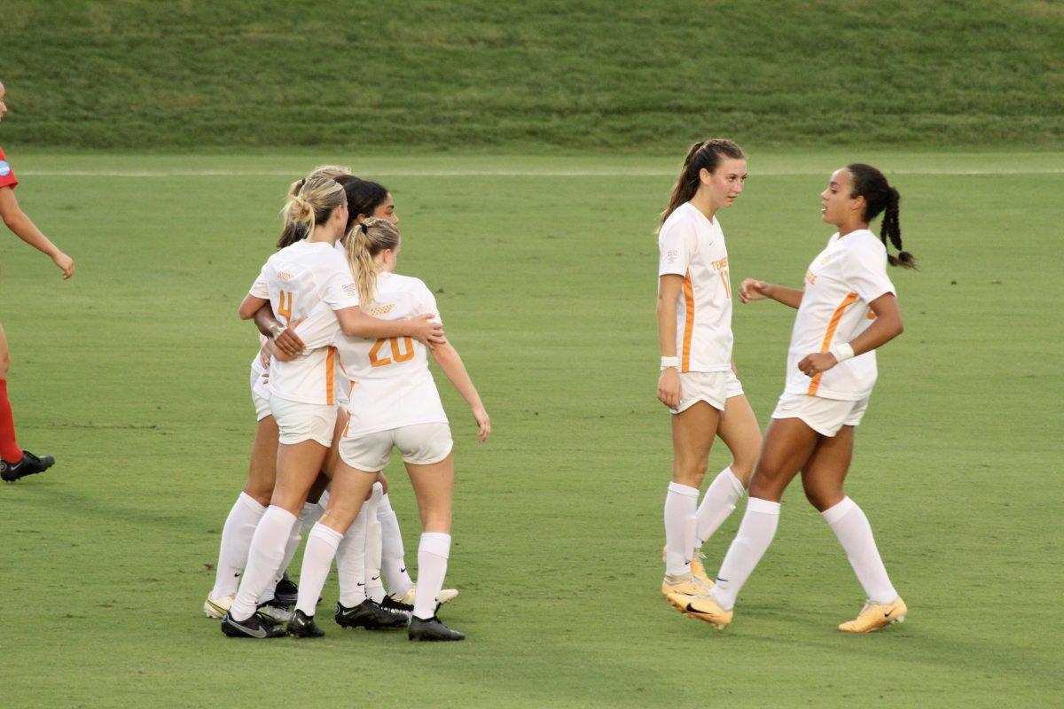 Lady Vols celebrate after a goal against Radford at Regal Soccer Stadium. Sep. 7, 2023.