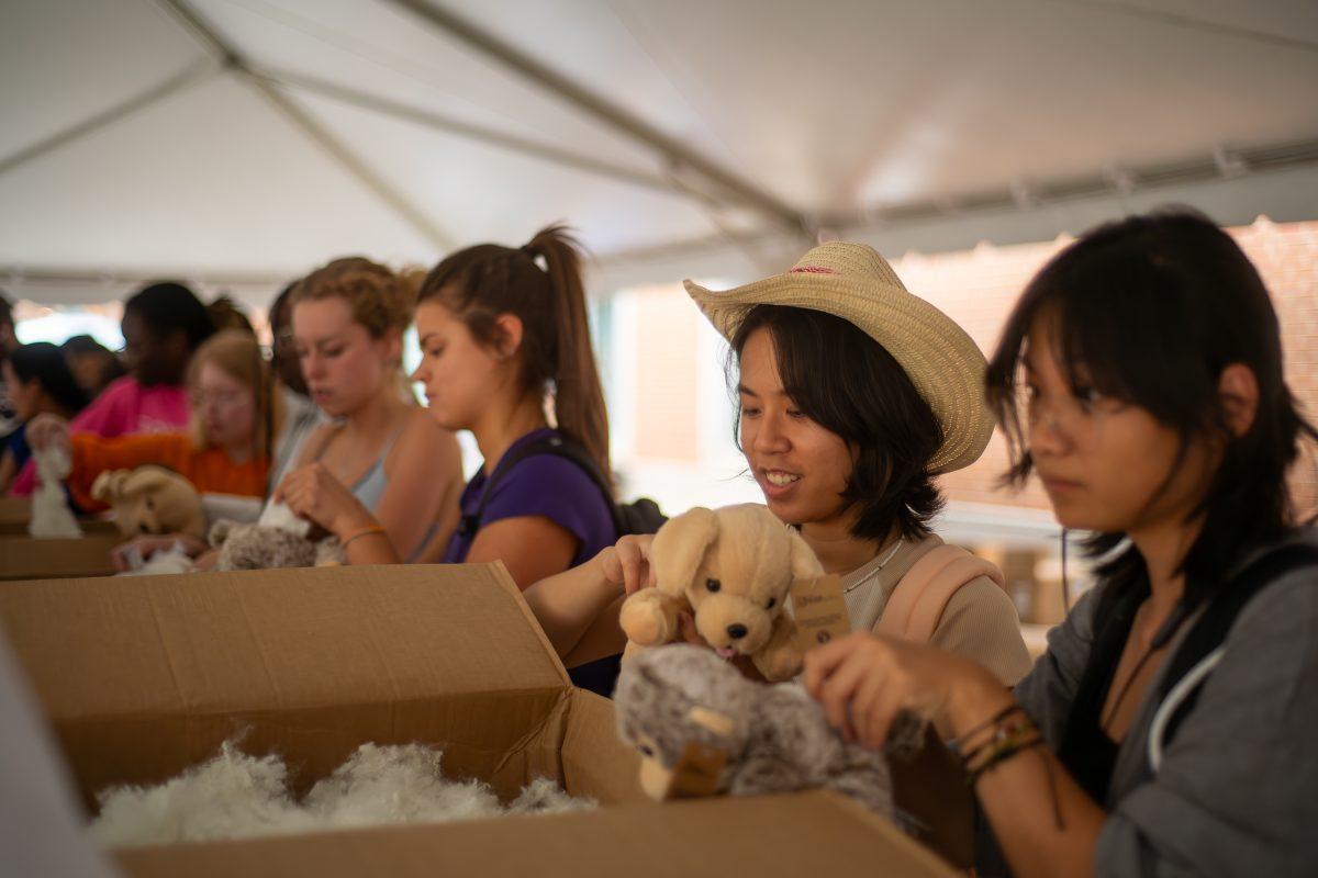 Students at the Vol Night Long event line up to stuff their own plushies at the Student Union Plaza. Wednesday, Sept. 20, 2023.