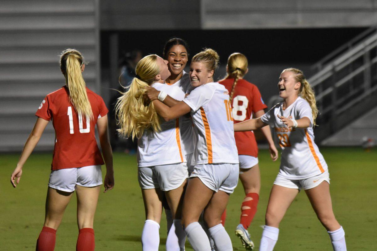 Lady Vols celebrate scoring a goal against Radford. Thursday, Sept. 7, 2023. 