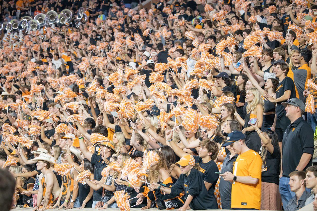 Tennessee fans cheer on their team during a game against the South Carolina Gamecocks at Neyland Stadium on Saturday, Sept. 30, 2023.