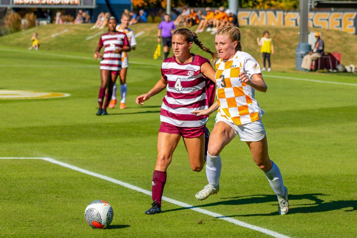 Sizzy Lawton (3) pushes past a Texas A&amp;M defender in the second half at Regal Soccer Stadium. Sunday, Oct. 22, 2023.